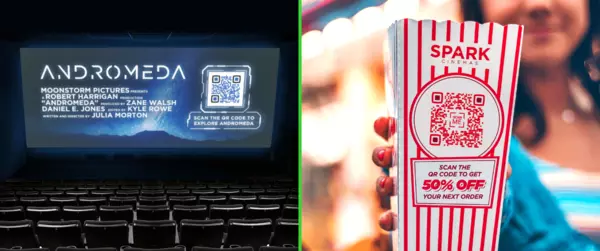 QR-коды на рекламе вашего кинотеатра QR-код на рекламе в кинотеатре и пачке попкорна