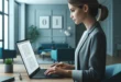 A young professional girl works at her laptop in a stylish office.