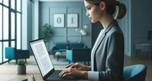 A young professional girl works at her laptop in a stylish office.