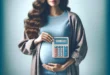 Mujer embarazada sosteniendo una calculadora con su fecha de parto, fondo suave, imagen ultra realista.