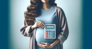 Schwangere Frau hält einen Taschenrechner mit ihrem Fälligkeitsdatum, weichem Hintergrund und ultrarealistischem Bild.