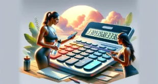Dos modelos de fitness utilizando una calculadora digital moderna sobre un fondo de puesta de sol.