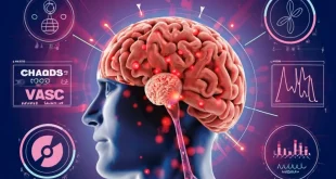 3D-Darstellung eines menschlichen Gehirns auf violettem Hintergrund.
