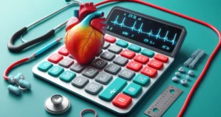 Rechner zur Berechnung des rechtsventrikulären Schlaganfallindex mit einem 3D-Modell des Herzens und einem Stethoskop.