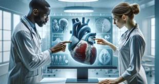 Doctors analyze a model of the heart on a monitor.