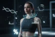 Атлетичная женщина и футуристическая инфографика, иллюстрирующая точный расчет процента жира и анализ состава тела.