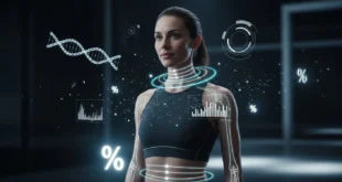 Атлетичная женщина и футуристическая инфографика, иллюстрирующая точный расчет процента жира и анализ состава тела.