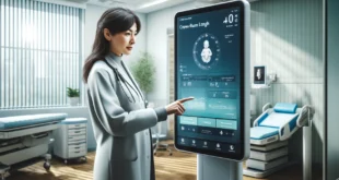 A girl doctor in a white coat uses a touch screen with a sacrum length calculator.
