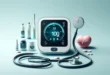 Moderne medizinische Geräte zur Diagnostik, darunter Tonometer und Stethoskop.
