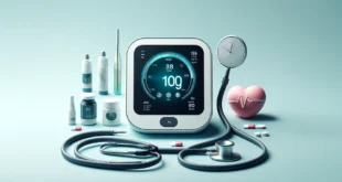 Moderne medizinische Geräte zur Diagnostik, darunter Tonometer und Stethoskop.