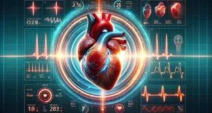 Corazón humano con datos de actividad cardíaca en estilo moderno.