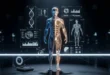 Анатомическая 3D-модель человека для калькулятора процента жира, окруженная экранами с данными о составе тела и мышечной массе.