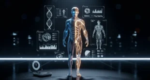 Анатомическая 3D-модель человека для калькулятора процента жира, окруженная экранами с данными о составе тела и мышечной массе.