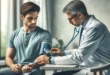 Un hombre en el consultorio de un médico mide su presión arterial con un tonómetro.