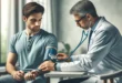 A man in a doctor's office takes his blood pressure with a tonometer.