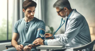 Un hombre en el consultorio de un médico mide su presión arterial con un tonómetro.