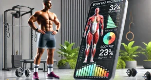 Un hombre musculoso vestido con ropa de gimnasia junto a una pantalla que muestra el porcentaje de grasa corporal y gráficos.