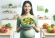 Mujer embarazada con un gran plato de ensalada saludable en la cocina con frutas.