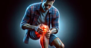 A man in a blue shirt suffers from knee pain, symptoms of intermittent claudication.