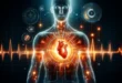 Изображение человека с визуализацией сердца и медицинских показателей сердечного ритма.