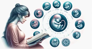 Mujer y etapa de desarrollo fetal por semana de embarazo.