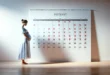 Schwangere Frau vor einem Kalender mit Markierungen und zählt den Countdown bis zur Geburt herunter.