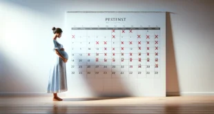 Schwangere Frau vor einem Kalender mit Markierungen und zählt den Countdown bis zur Geburt herunter.