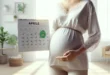 Pregnant woman with calendar, planning your delivery date, pregnancy calendar, april dates.