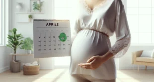 Schwangere Frau mit einem Kalender, Planung ihres Geburtstermins, Schwangerschaftskalender, Apriltermine.
