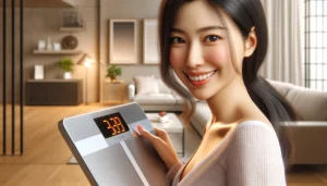 The woman smiles as she checks her weight on an electronic scale in the bright living room.