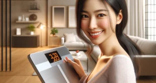 Eine Frau lächelt, während sie in einem hellen Wohnzimmer ihr Gewicht auf einer Digitalwaage überprüft.