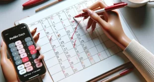 Frauenhände mit Maniküre markieren sichere Tage im Kalender, neben einem positiven Schwangerschaftstest und einem Smartphone.