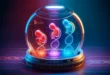 Drei Stadien der Embryonalentwicklung im Neonbeleuchtungsstil in einem biotechnologischen Gerät.