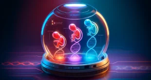 Drei Stadien der Embryonalentwicklung im Neonbeleuchtungsstil in einem biotechnologischen Gerät.