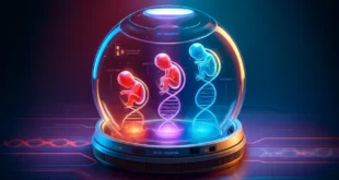 Three stages of embryo development in neon illumination style inside a biotech device.