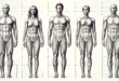 Ilustraciones anatómicas de hombres y mujeres con medidas de proporciones.