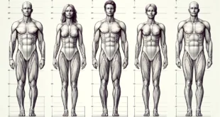 Anatomical illustrations of men and women with measurements of proportions.