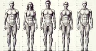 Anatomische Darstellungen von Männern und Frauen mit Proportionsmessungen.