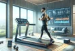 A man on a treadmill in a modern gym with a view of nature.