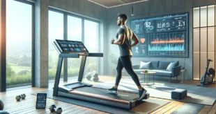 A man on a treadmill in a modern gym with a view of nature.