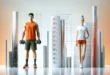 Modelos masculinos y femeninos junto a tablas de altura y peso en ropa deportiva.