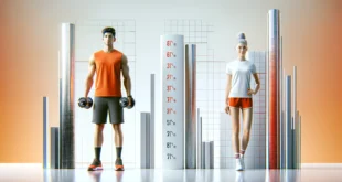 Модели мужчина и женщина рядом с таблицами роста и веса в спортивной одежде.
