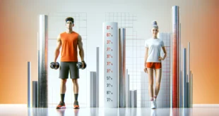 Male and female models next to height and weight charts in sportswear.