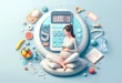 Rechner zur Gewichtszunahme in der Schwangerschaft mit Frauen und gesunden Lebensmitteln.