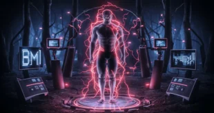 Мужчина стоит в круге, вокруг него светящееся красное электричество.
