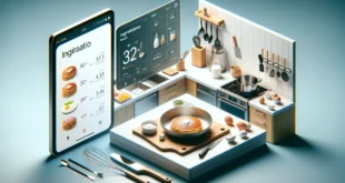 Современная умная кухня с цифровыми экранами для рецептов и расчёта ингредиентов, с элементами для приготовления блинов на чистом кухонном столе