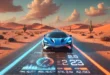 Спортивный автомобиль на пустынной дороге с цифровым отображением данных о скорости и ускорении.