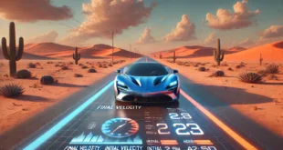 Sports car on a desert road with digital display of speed and acceleration data.
