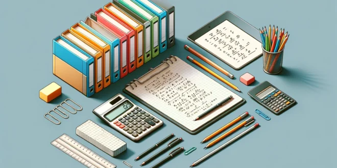 Исометрический вид современного офисного стола с канцелярскими принадлежностями, включая цветные папки, блокнот с математическими уравнениями, калькулятор и письменные инструменты.