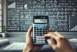Usando una calculadora científica con fórmulas matemáticas en segundo plano.